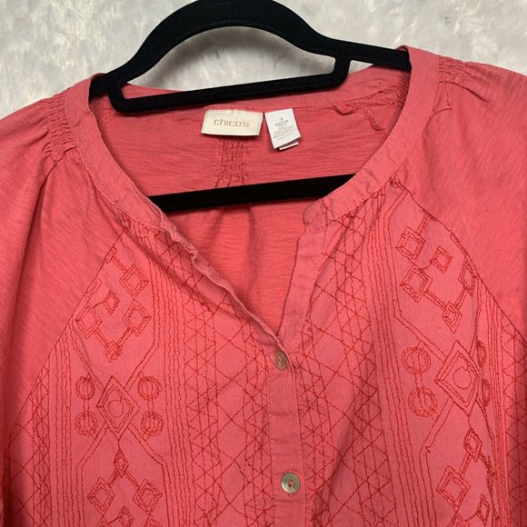 Chico's Coral Size 3 Embroidered Button Down 3/4 - Picture 6 of 6